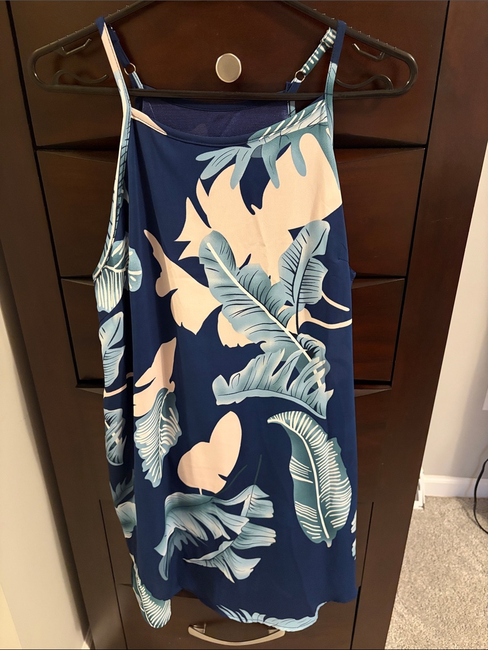Navy Tropical Leaf Print Tank Dress